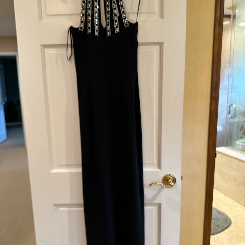 St. John evening gown with Embellished caged Straps on neckline